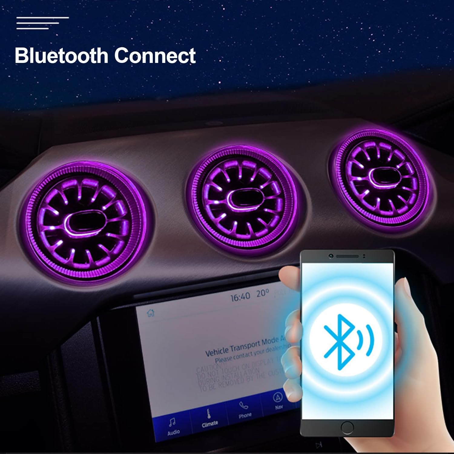 3-Pack Air Vent Ambient Light 64 Colors for Ford Mustang 2015-2022