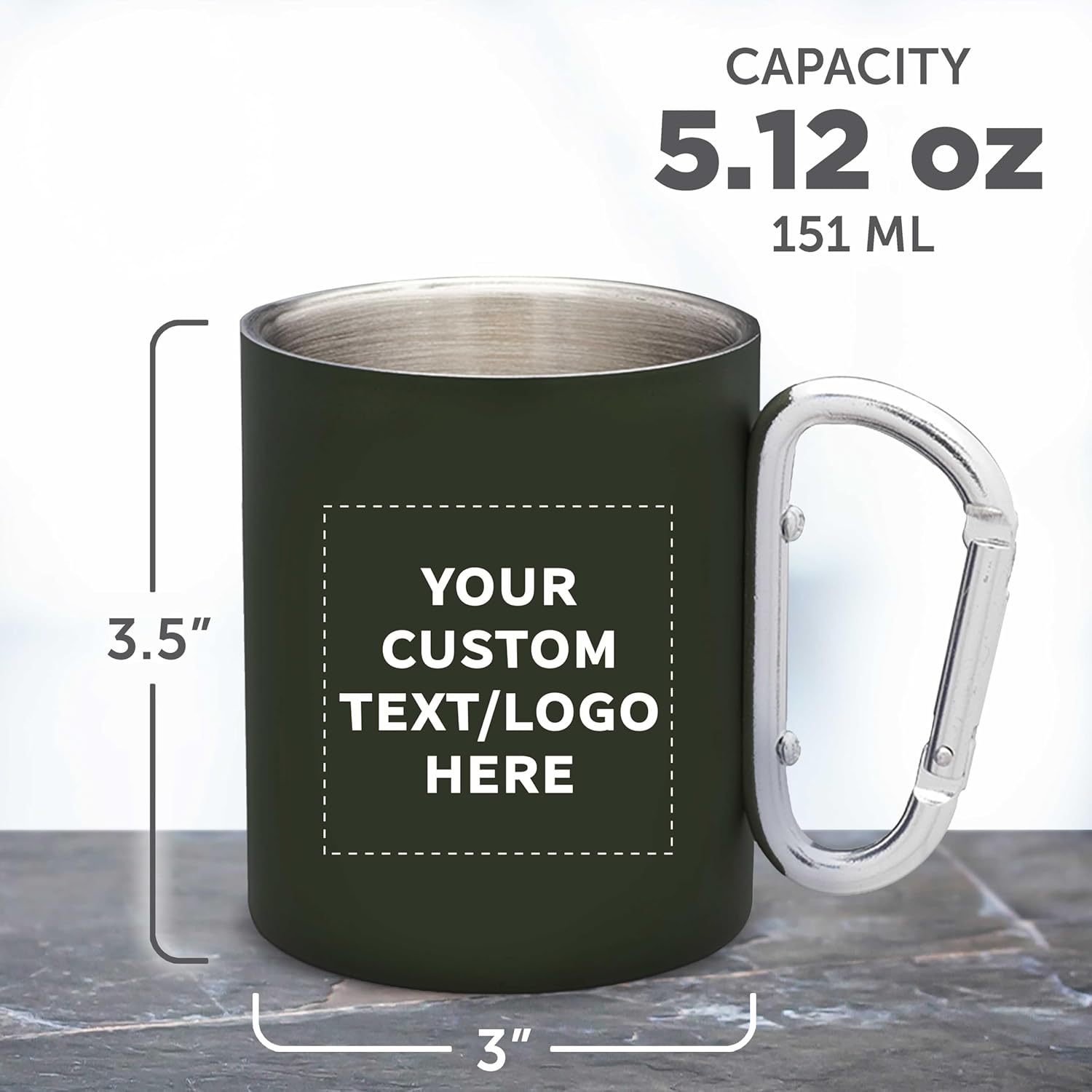 Custom Stainless Steel Mugs with Carabiner Handle 10 oz. Set of 10/50/100, Personalized Bulk Pack - Perfect for Coffee, Soda, Other Hot & Cold Beverages - Army Green