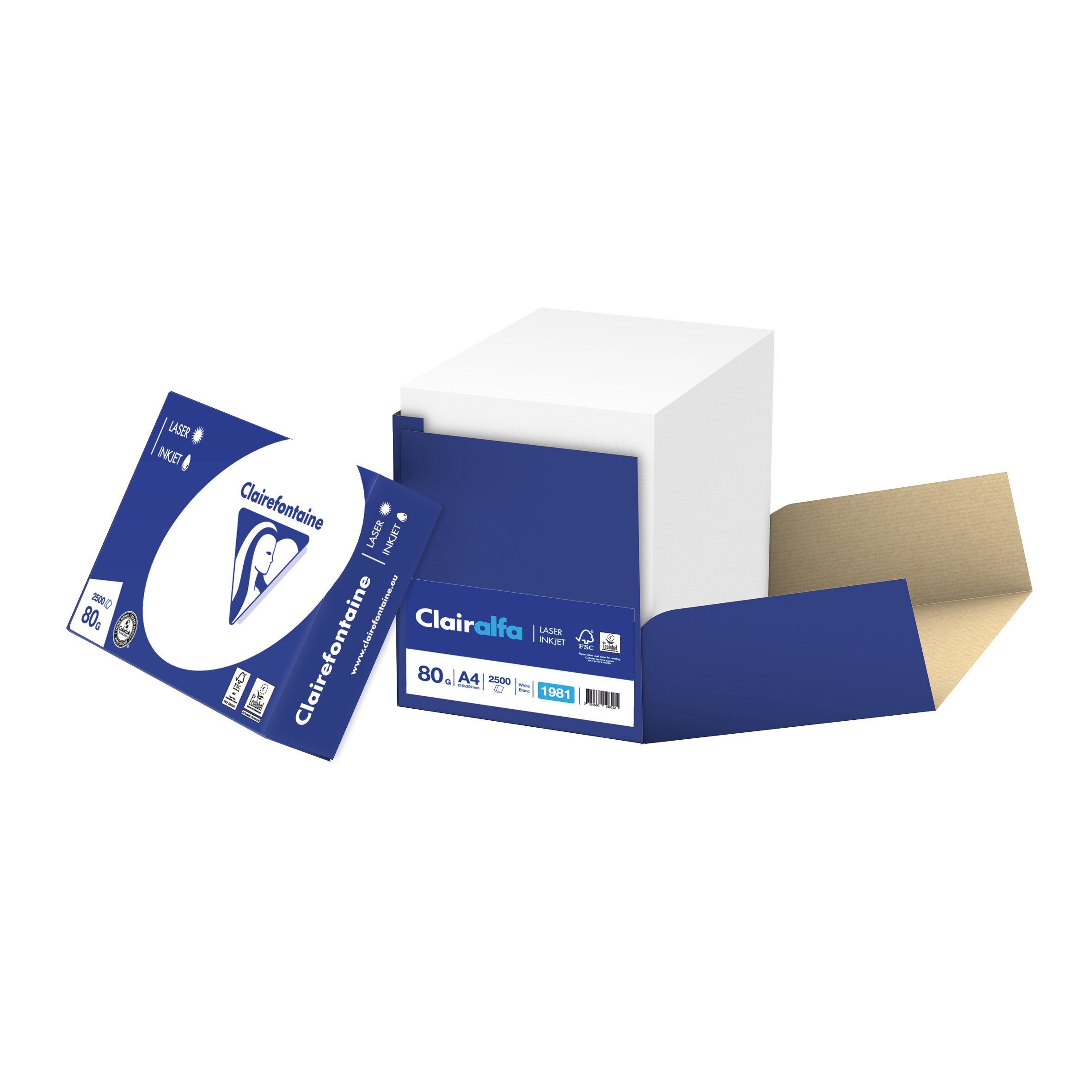 CLAIRALFA A4 80g . Box de 2500 feuilles, sans emballage individuel des ramettes