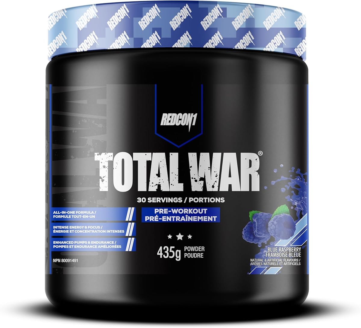 REDCON1 Total War Pre Workout Powder, Blue Raspberry - Beta Alanine + Citrulline Malate Vegan & Keto Friendly Preworkout for Men & Women with 250mg of Caffeine - Fast Acting HMB (30 Servings)