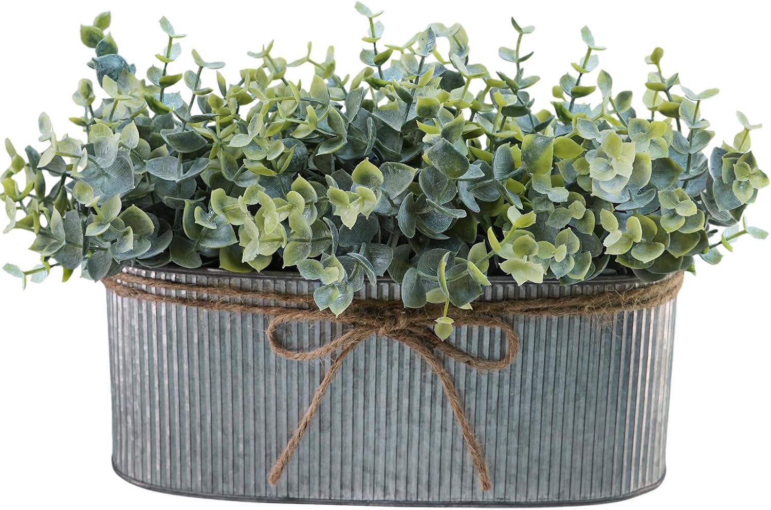 Winlyn Artificial Eucalyptus Arrangement in Rustic Oval Galvanized Metal Planter Box Faux Eucalyptus Bush Greenery Potted Plants for Farmhouse Indoor Home Office Table Centerpiece Kitchen Décor