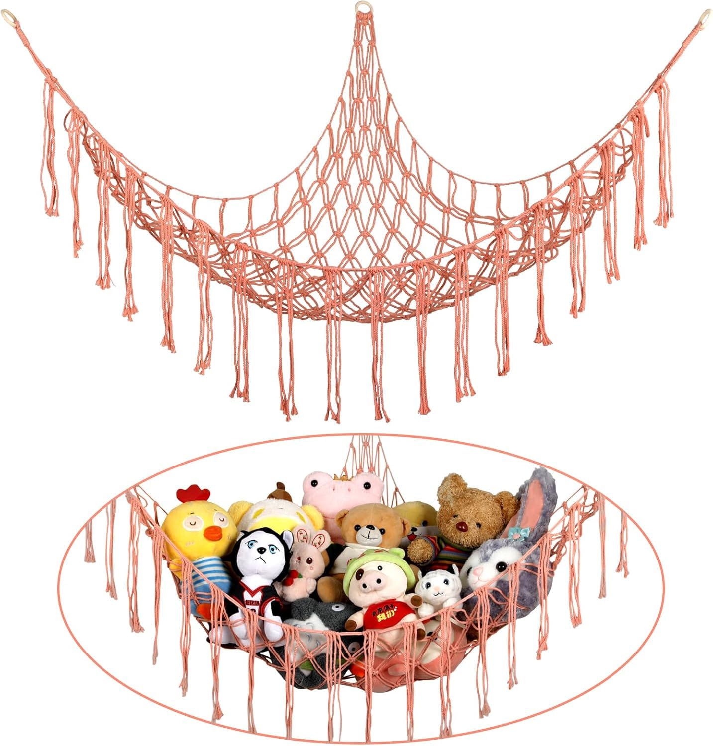 PARAH Boho Stuffed Animals Net or Hammock | 55 inch Toy Macrame Stuff Animal Storage Corner Hanging Holder Mesh Plush Nursery Organizer With Hooks For Bedroom (Large) (Orange Pink)-picture-45