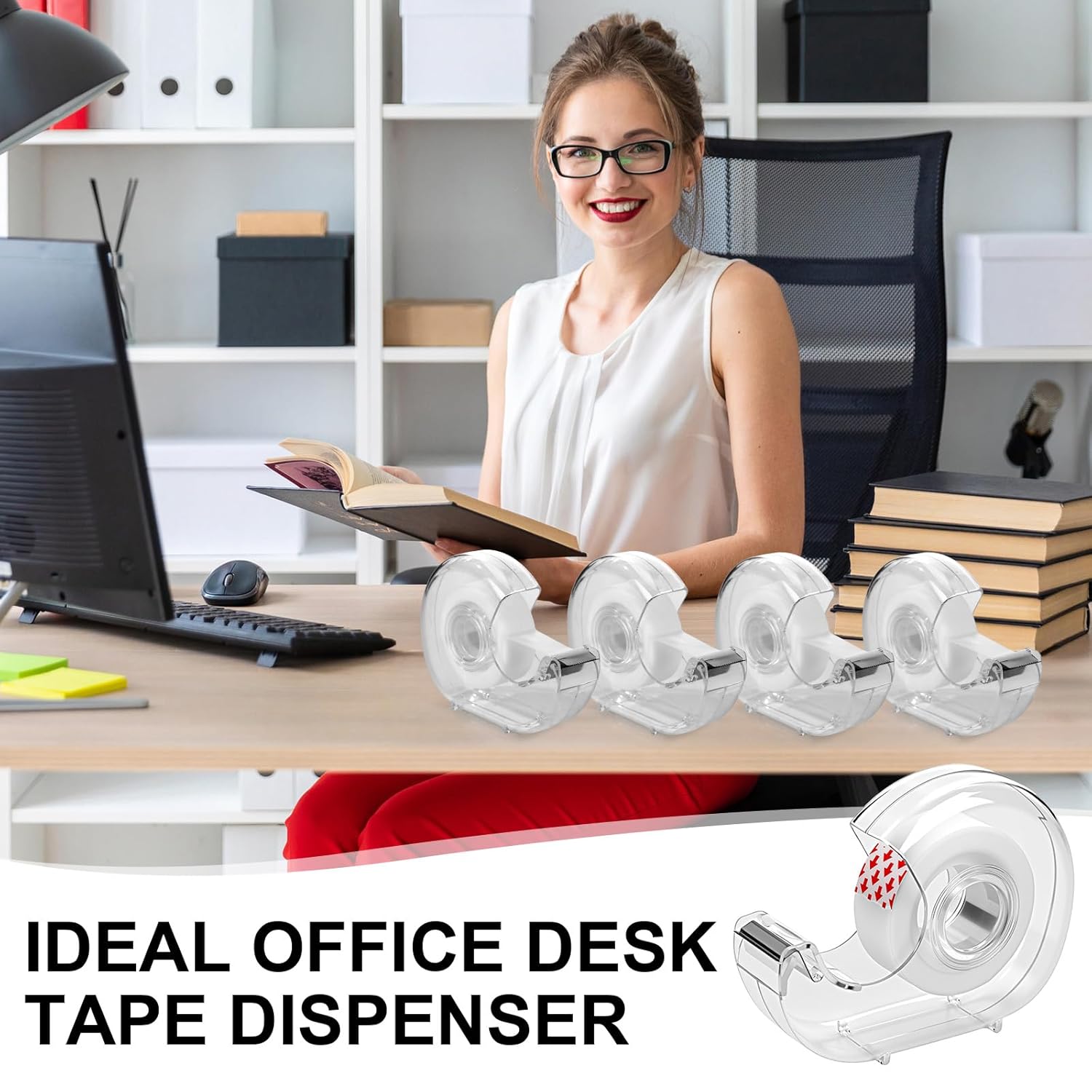 100 Pack Invisible Tape with Dispenser Bulk 0.7 x 1000 Inchs Tapes and Refillable Desktop Tape Dispensers for DIY, Gift Wrapping, Repairing, Home and Office Applications
