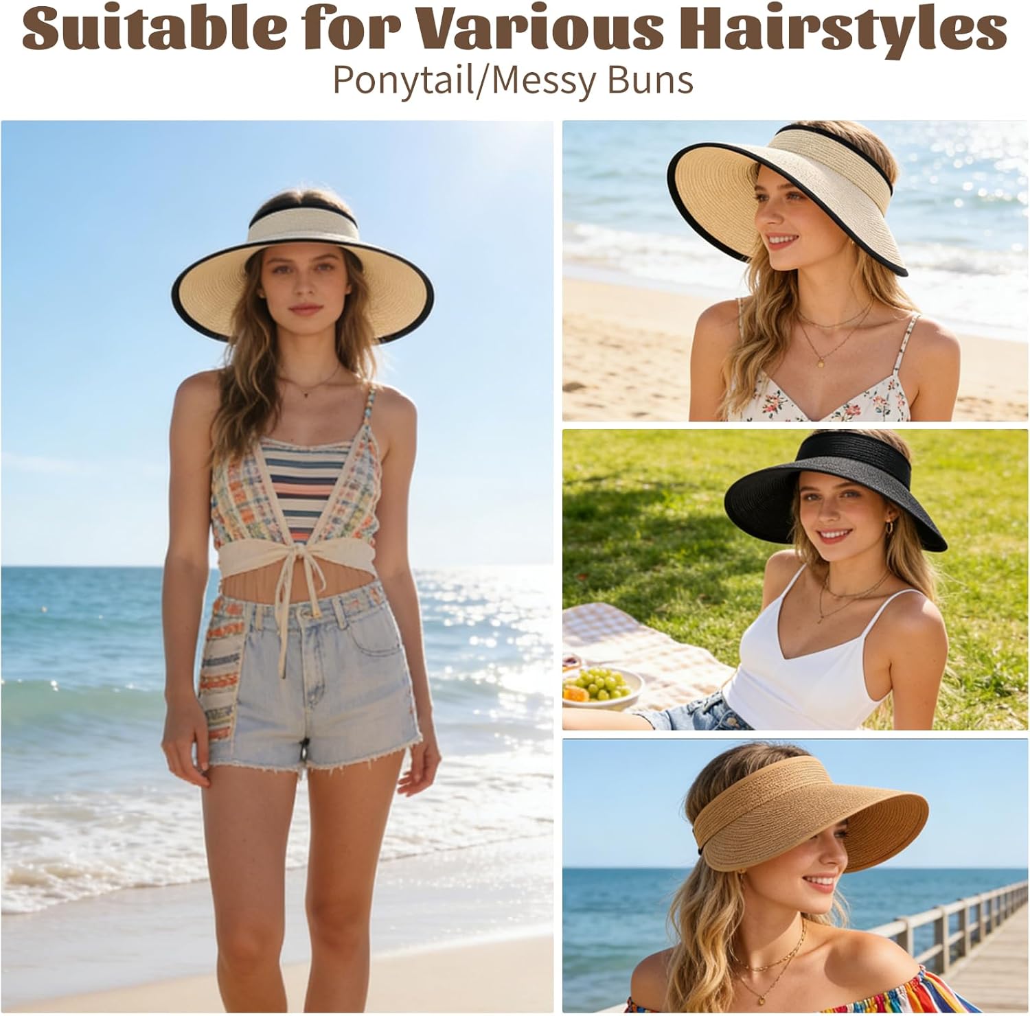 3 Pack Foldable Sun Visor Hats for Women Wide Brim Pontytail Straw Beach Hat for Summer
