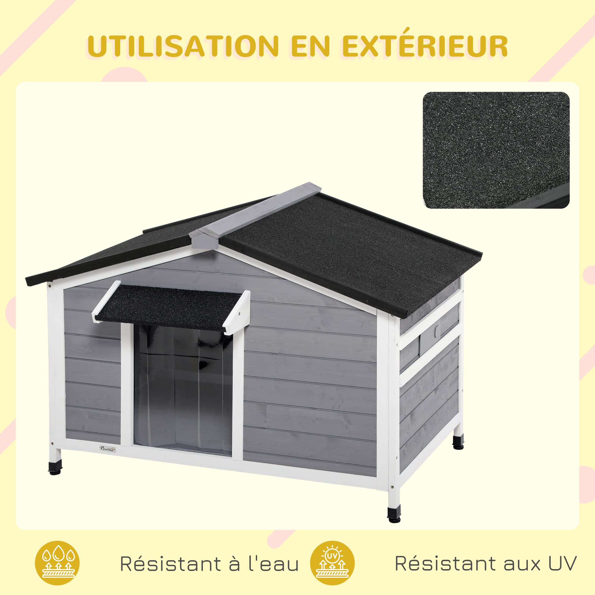 PawHut Niche Chien Style Cottage - 2 fenêtres, Porte, Toit ouvrant bitumé - dim. 109 x 79 x 72 cm - Bois Sapin Gris