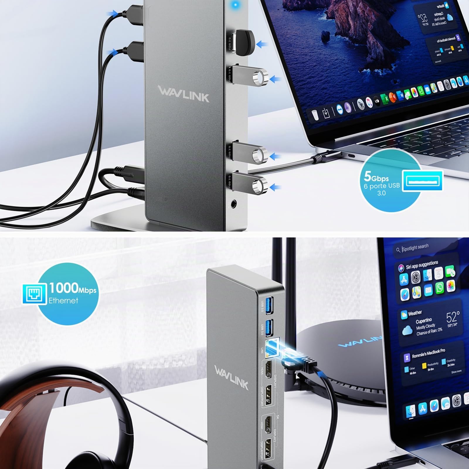 WAVLINK Docking station universale USB-C con 2 HDMI e DP, Gigabit Ethernet, 6 USB 3.0, audio, microfono, compatibile con Mac OS e Windows | 6×USB 3.0, Ethernet Gigabit, audio, microfono, compatibile macOS e Windows