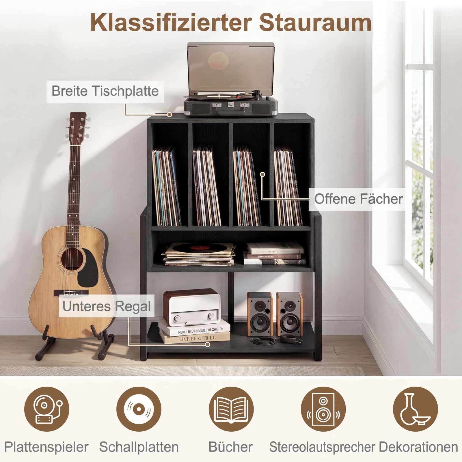 COSTWAY Plattenspielerständer, Vinyl Schallplattentisch mit breite Tischplatte, 4 Trennwänden & unteres Regal, Schallplattenständer Holz für Arbeitszimmer und Musikzimmer, 54 x 57 x 76,5 cm