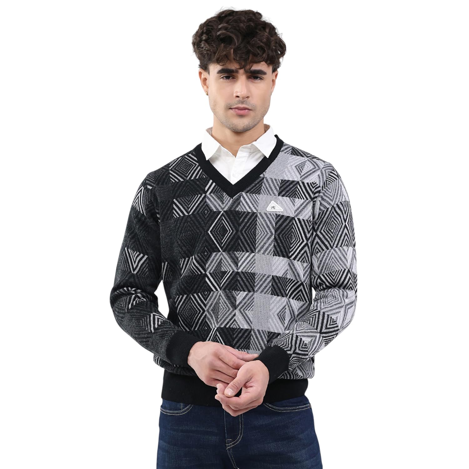 Men Regular Fit Self Designed Pattern V Neck Pull On Full Sleeve Winter Pullover