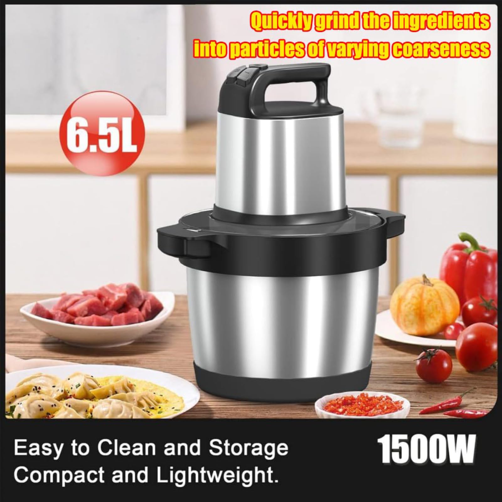 Robot da cucina da 1500 W con ciotola in acciaio inox da 6,5 l, 3 velocità, multifunzione, per tagliare carne, affettare verdure, macinare frutta, 4 lame incluse