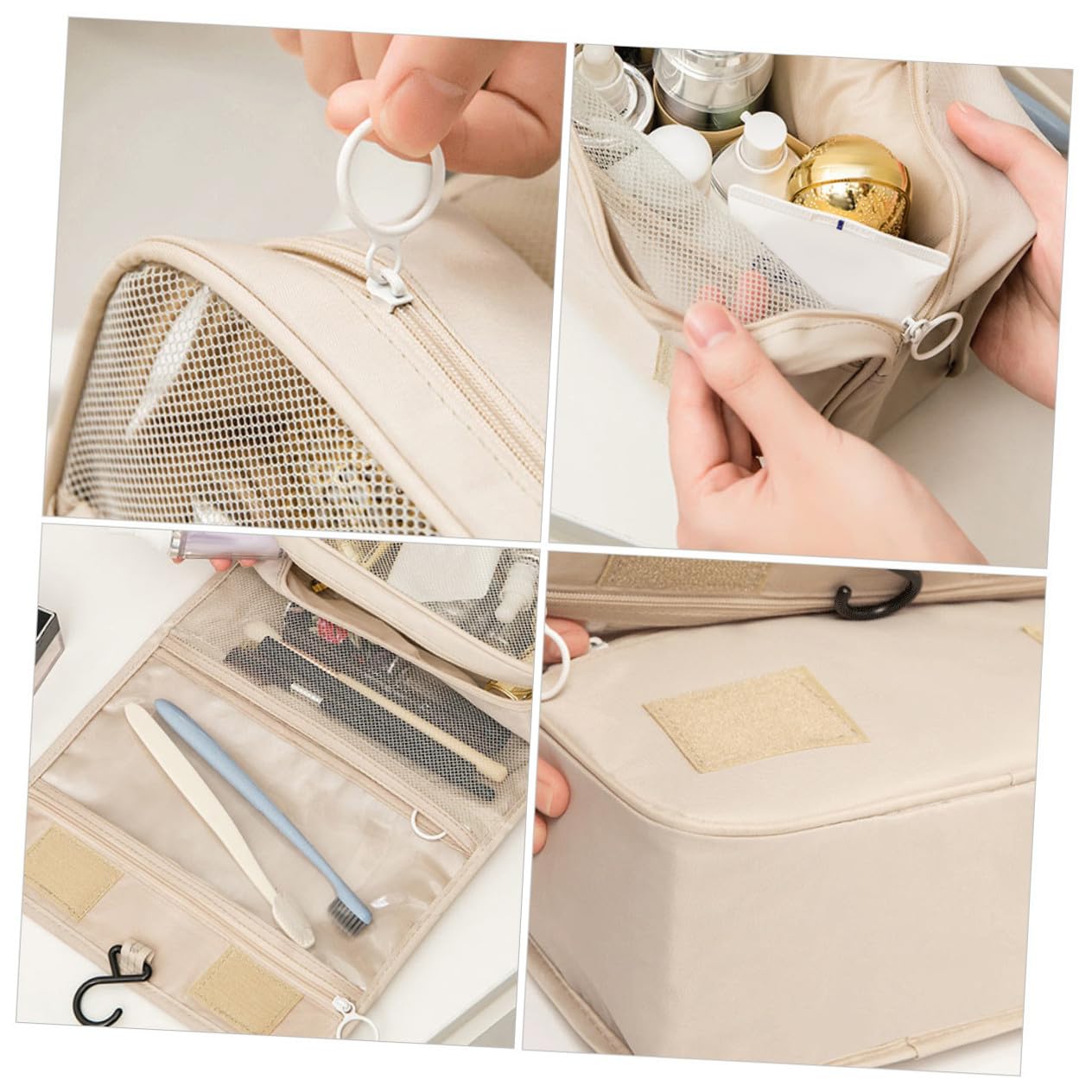Mipcase 3pezzi Borsa Da Viaggio Multifunzionale Beige Pochette Cosmetica Appesa Per Make-up e Toiletries Design Con Rete Visibile Facile Da Trasportare e Riporre