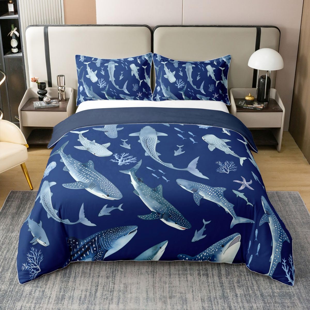Housse de couette 240x260 requin coton parure de lit ocean enfant bleu marine marine