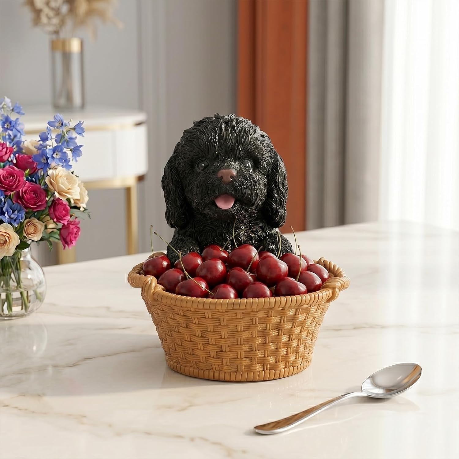 Toy Poodle Storage Basket, Resin Dog Toy Bin with Handles, Cute Toy Poodle Face Organizer for Laundry, Blankets, Books, Nursery – 6.5in, 1.6 LBS
