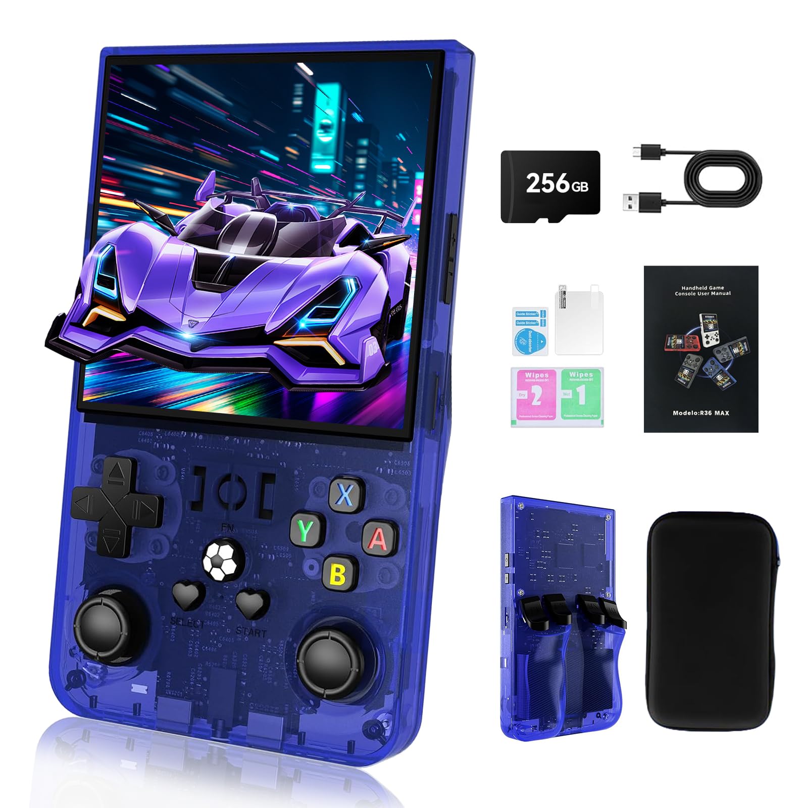 Hedlaoy R36 Max Retro Handheld Gaming Console, 256GB, 40,000+ Games, Portable 4-Inch IPS Screen (Transparent Blue)