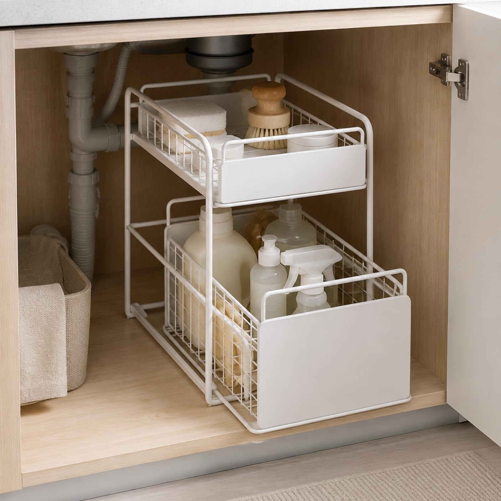 Étagère Coulissante à ux Niveaux en Fer pour Rangement Sous Évier Paniers Extractibles Parois Protection Adaptée à la Salle Bains à la Cuisine, Noir