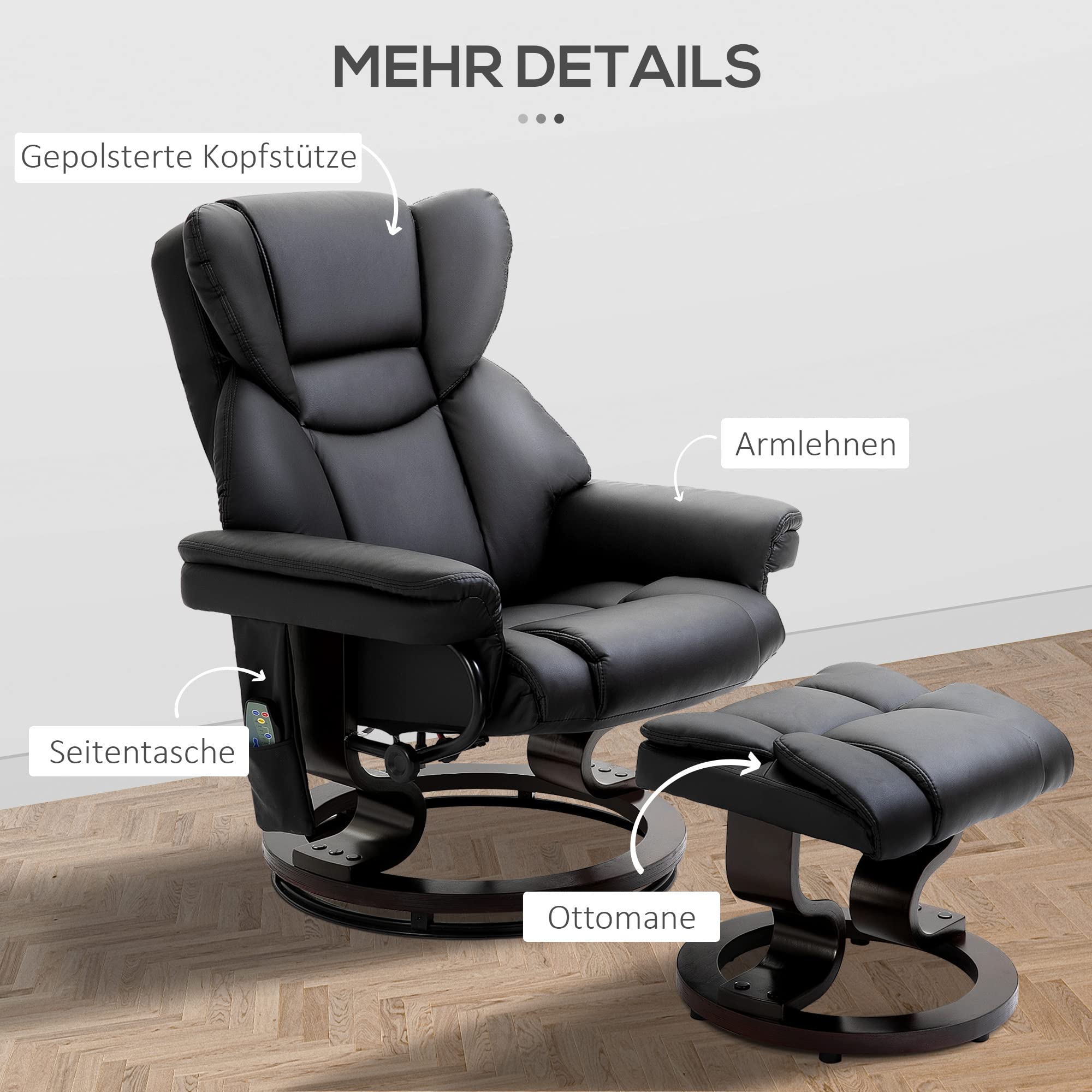 HOMCOM Relaxsessel mit Hocker, 360° drehbarer Massagesessel mit Liegefunktion, Kunstleder Schwarz