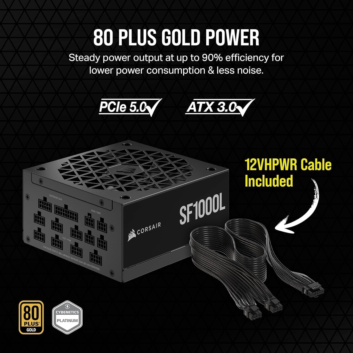 Corsair 1000W Fully Modular SFX Power Supply - ATX 3.0, PCIe 5.0, Quiet 120mm Fan, 80 Plus Gold, Zero RPM Mode, 105°C Capacitors - Black (Renewed)