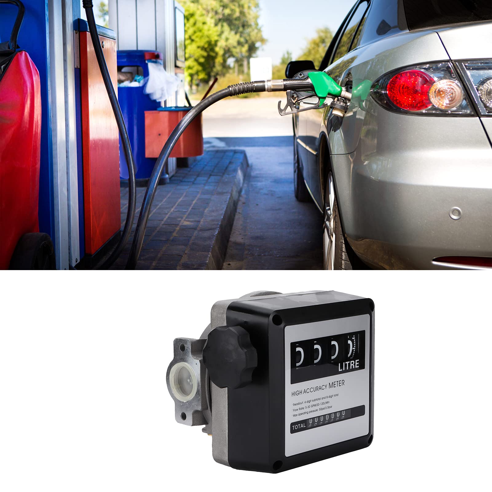 Medidor de flujo de combustible de pantalla grande de 4 dígitos, alta precisión, 530 GPM (20-120 l/min) para gasolina, queroseno, aceite de motor, hecho de ABS y aleación de aluminio, 1 pulgada y 2