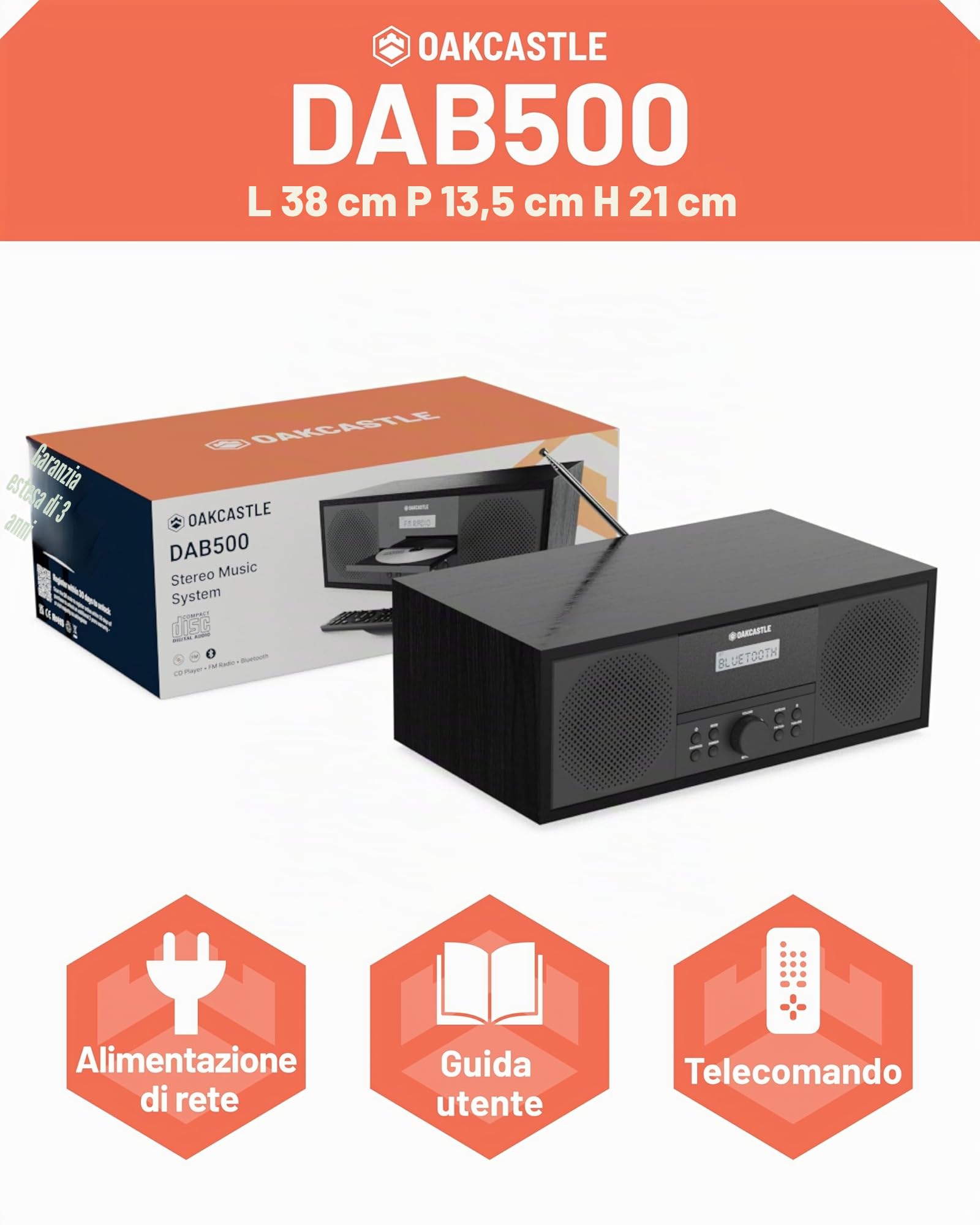 Impianto Stereo Casa 60W | Lettore CD HiFi con Doppio Allarme e 198 Preselezioni | Radio DAB+/FM con Display LCD | Bluetooth, USB, AUX, Telecomando e Altoparlanti Integrati | Oakcastle DAB500