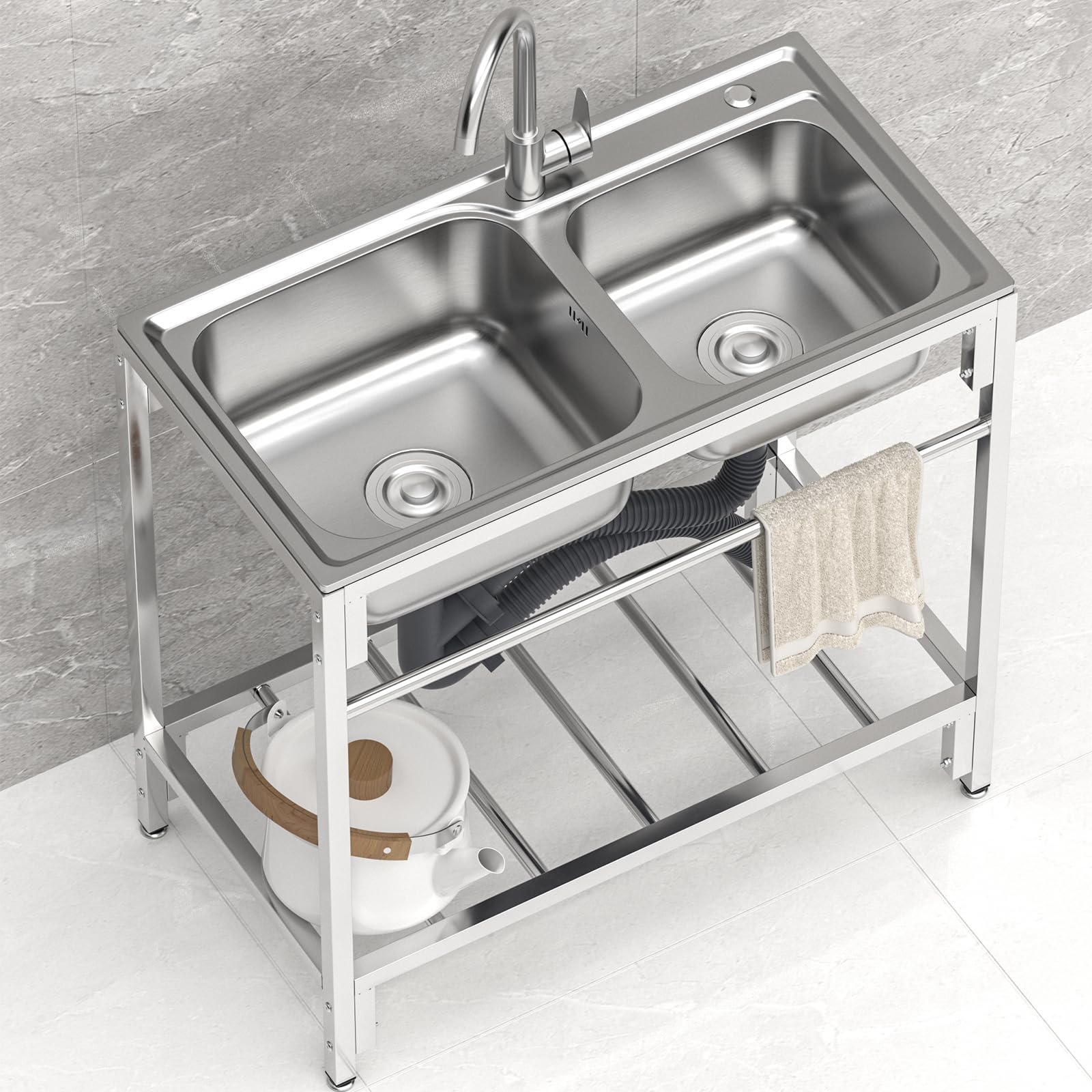 HYSOPSPX Commercial 304 Stainless Steel Sink 2 Compartment Free Standing Utility for Garage, Restaurant, Kitchen, Laundry Room, Outdoor