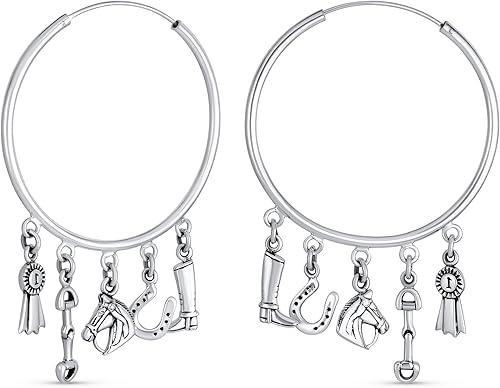 Western Jewelry Blue Ribbon Horse Riding Boot Horseshoe Dangle Multi Charms Cowgirl Equine Gift Equestrian Big Horse Hoop Earrings Bracelet Cuff