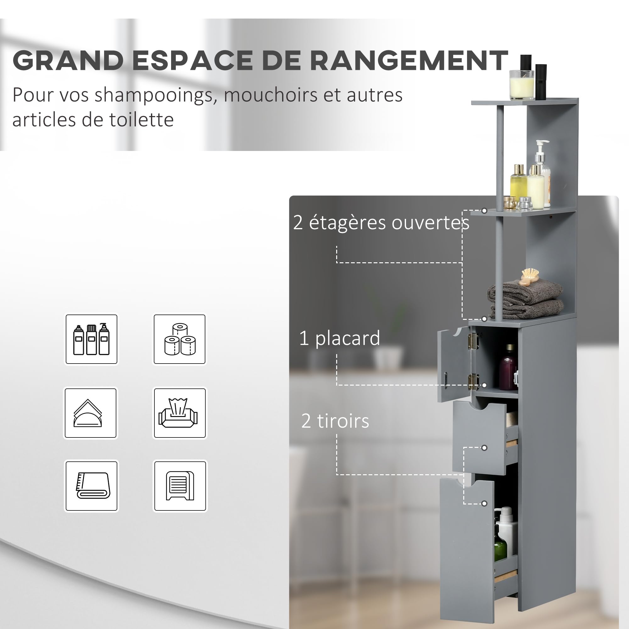 HOMCOM Meuble Colonne Salle de Bain avec Tiroirs 15 x 33 x 136,8 cm Gris | Armoire de Salle de Bain, Étagères Ouvertes, Placard