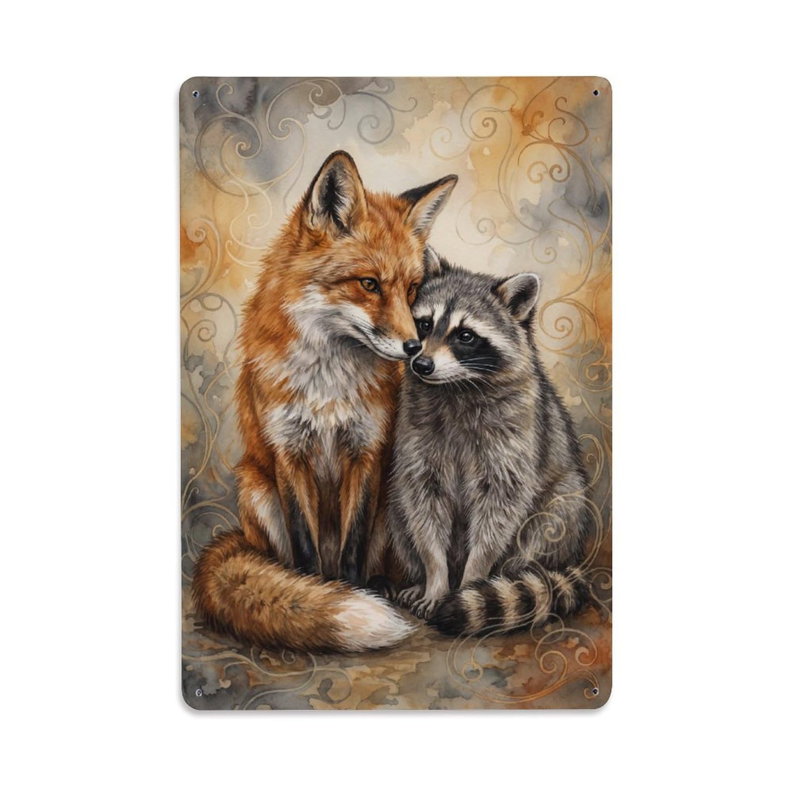 Metal Tin Sign Vintage Animal Cute Fox & Raccoon Animal Friendship