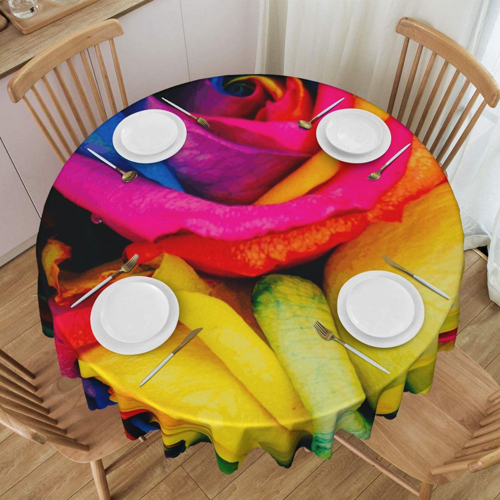 DCEHGEW 60 In Round Tablecloth with Lace, Rainbow Rose Printed Oilproof & Washable Fabric Picnic Table Cloth Table Covers