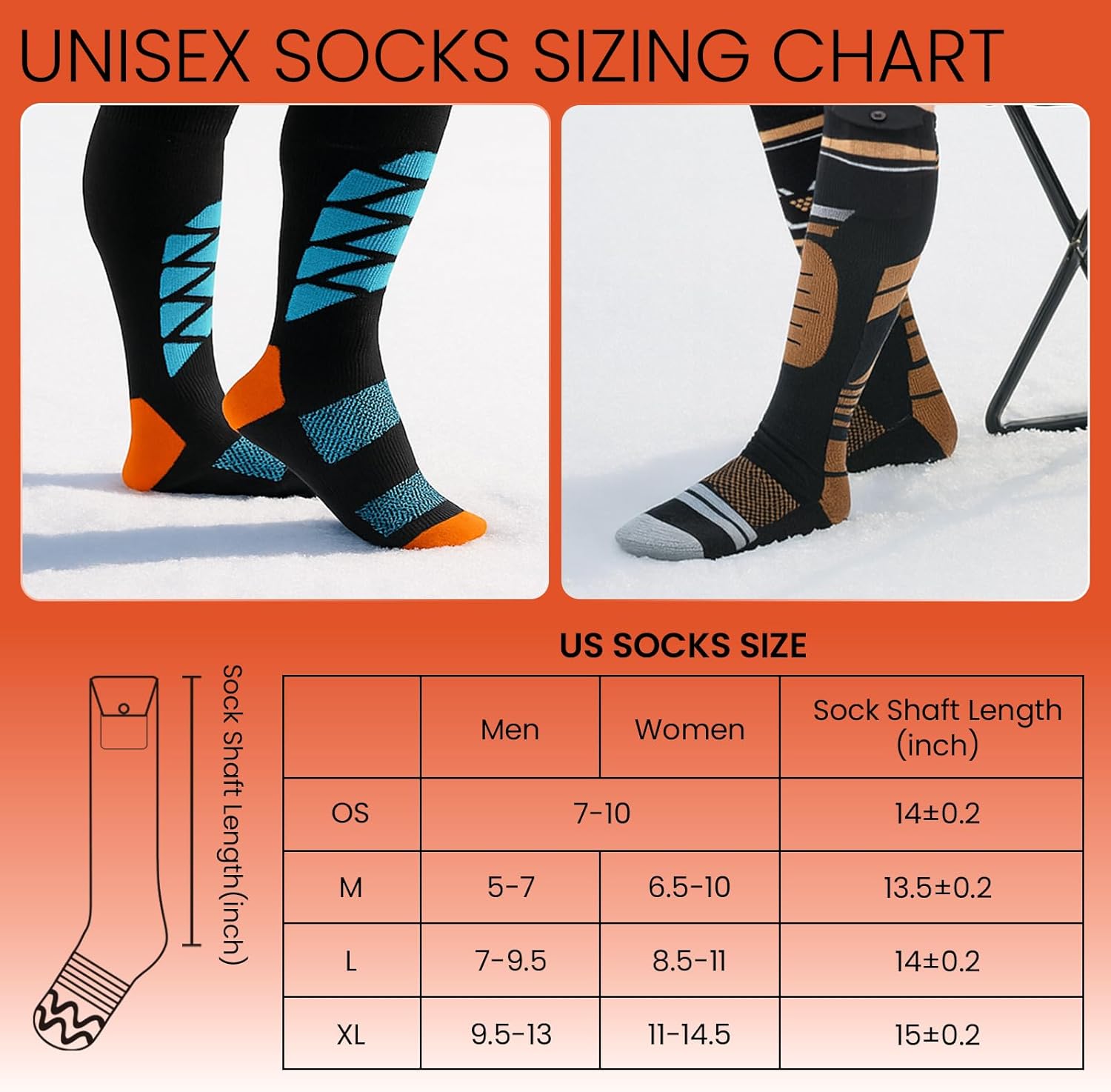 US Socks Sizing Chart for Men and Women, indicating One Size fits Men's 7-10 and Women's 6.5-10