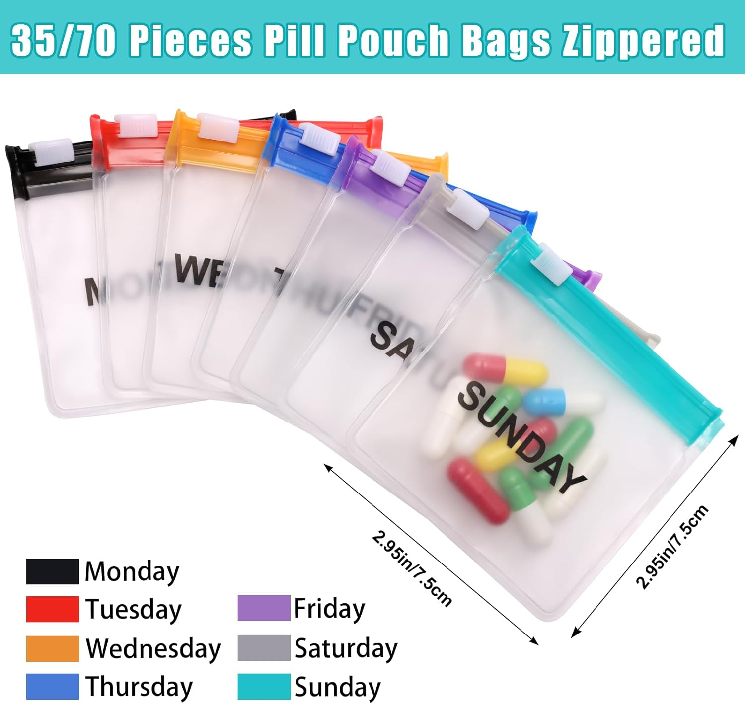 Reusable Pill Pouch Bags, Zippered Medicine Bags with Slide Lock, Portable Pill Packets for Pill Storage (70)