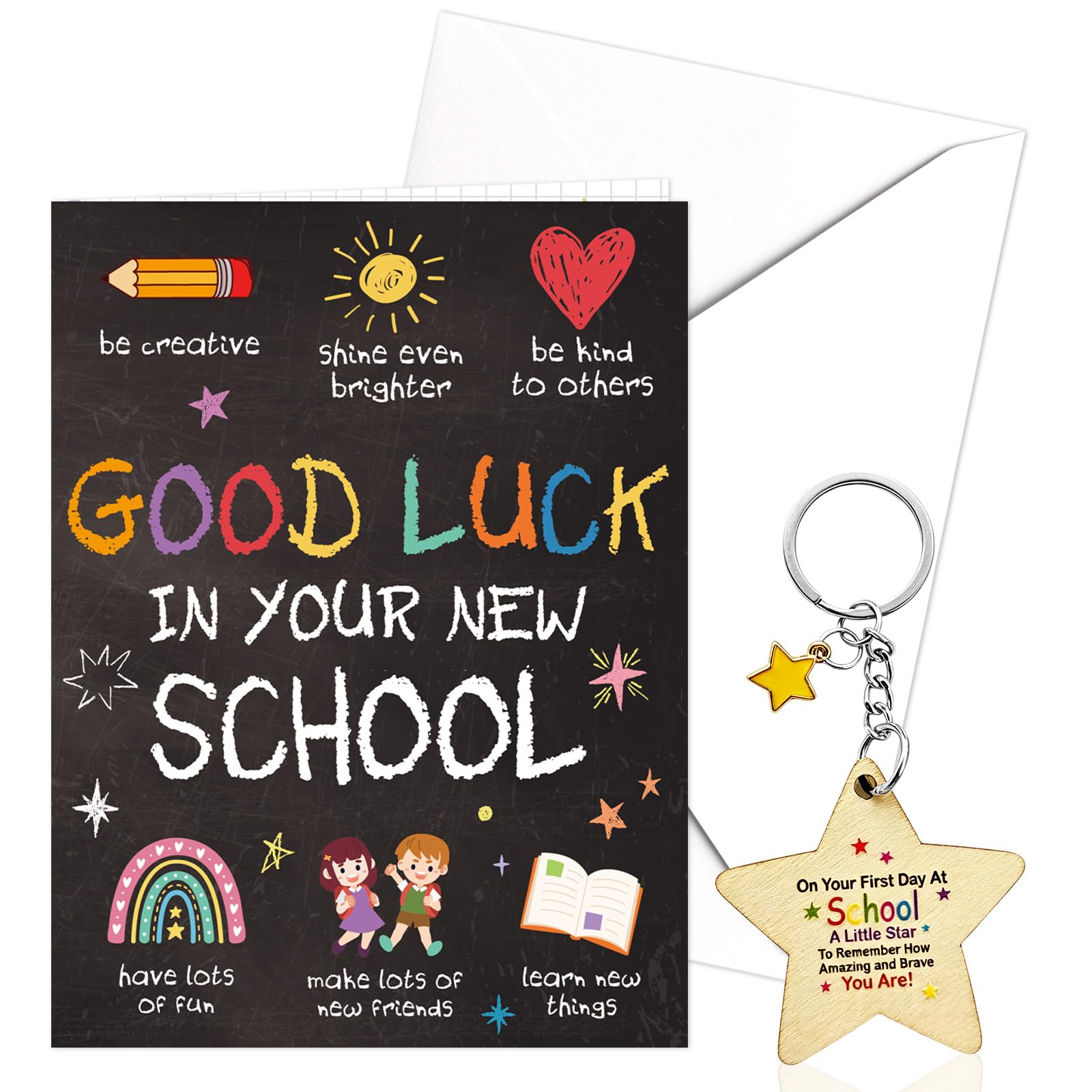 PURCAFT First Day at School Card, Good Luck In Your New School Starting Card With Envelopes Keychain First Day at School Gifts for Boys Girls