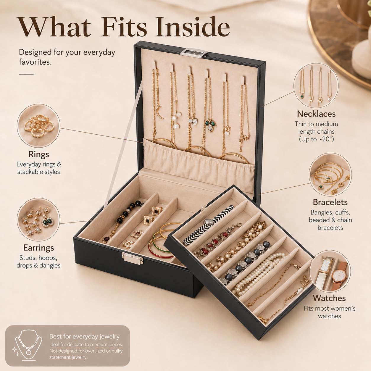 BEWISHOME Joyeros Mujer Organizador Caja Organizador de Collares para Cadenas, Pulseras - 12 Compartimentos (7 Regulares + 5 Grandes), 6 Ganchos, 2 Capas-Joyero Mujeres,Organizador Joyas Negro ESSH31B