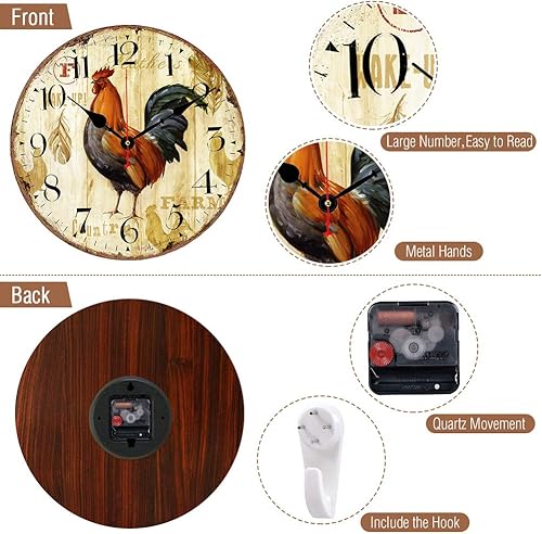 Miniatura 2 de Reloj de pared silencioso sin tictac, relojes de pared de cuarzo de calidad, funciona con pilas, relojes de decoración del hogar estilo gallo de 10