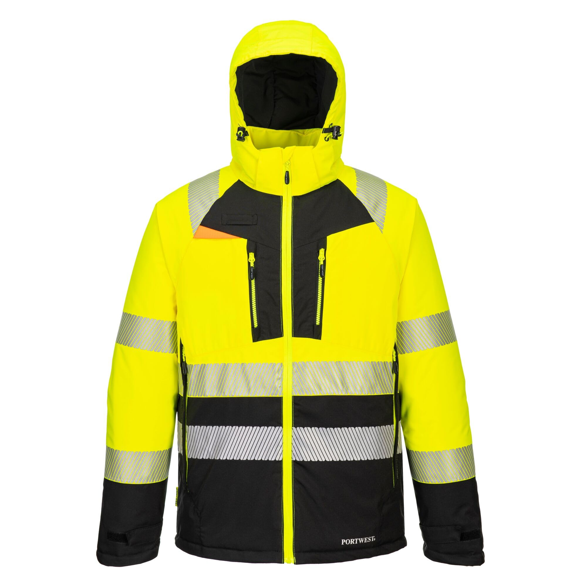 Portwest DX430 - Chaqueta de invierno para hombre, aislante, impermeable, de alta visibilidad, con capucha, reflectante, totalmente forrada, con cremallera, de seguridad, reflectante, color