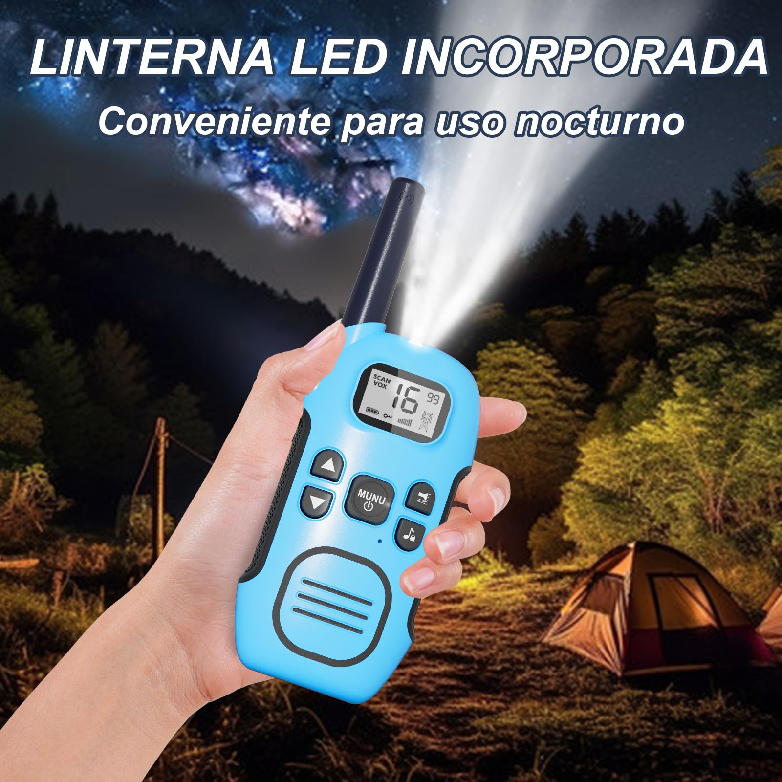Walkie Talkie Profesional Recargable,Walkie-Talkie Largo Alcance para Niños,1200mAh Batería,16 Canales Radio,VOX LED,para Aventuras Senderismo (Azul + Amarillo + Rosa, Paquete de 3)