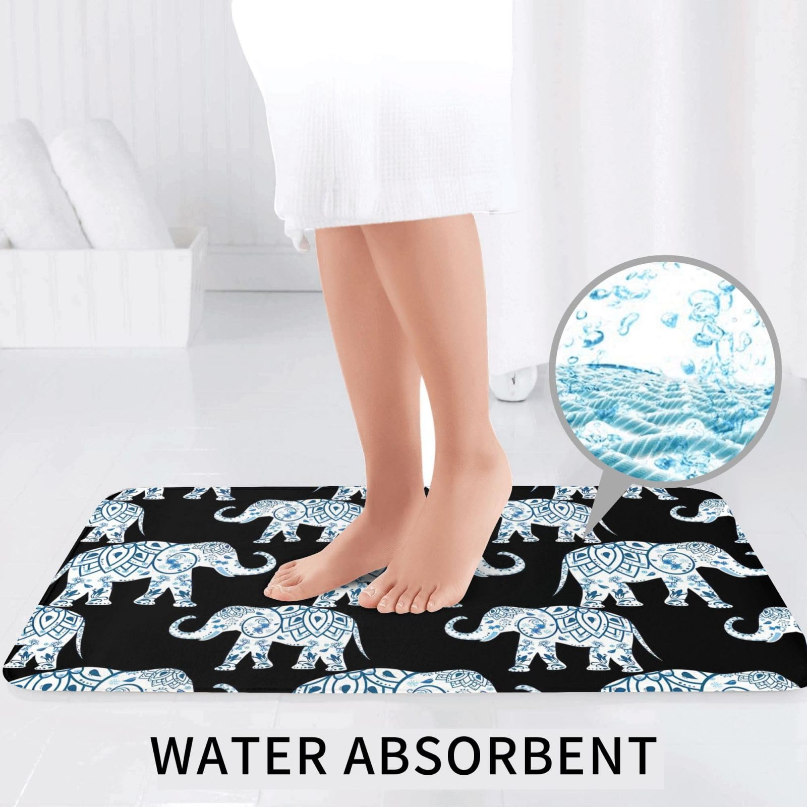 BREAUX Tapis de sol antidérapant imprimé éléphant bleu noir tapis de sol salle de bain tapis de douche antidérapant 3 pièces