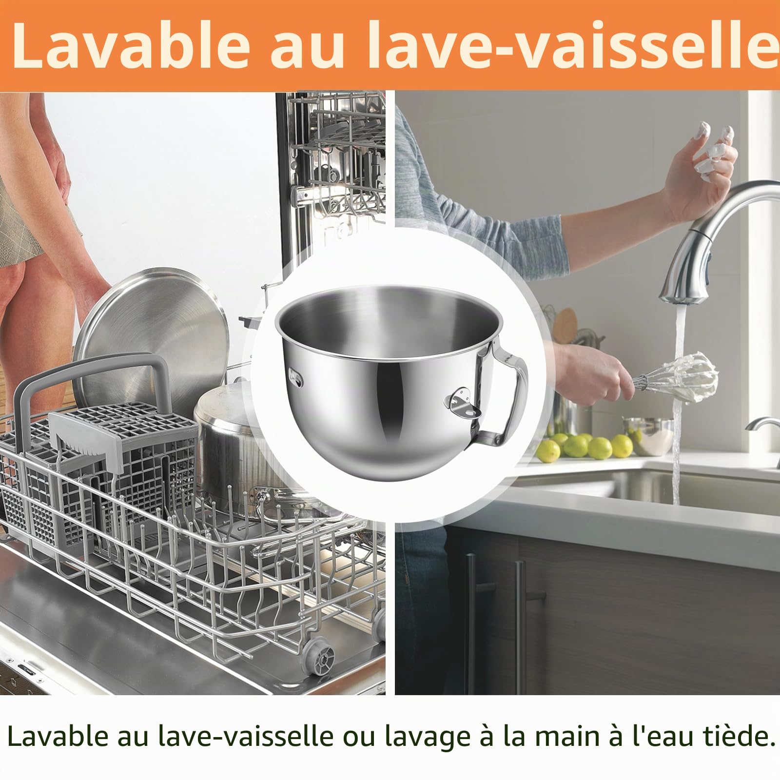 Bol de mixage en acier inoxydable compatible avec les mixeurs sur socle Kitchen Aid de 7 pintes avec élévation du bol