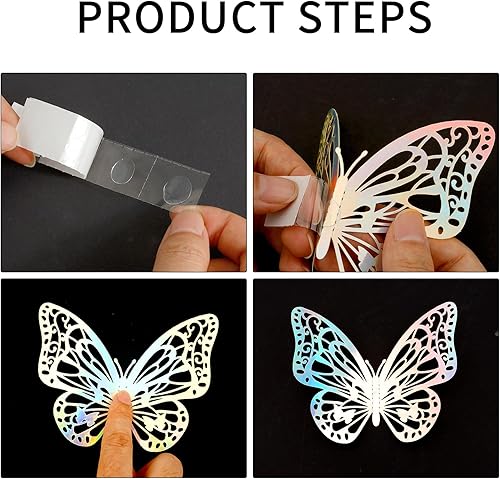 Miniatura 7 de Calcomanías de pared 3D, 24 mariposas plateadas arcoíris, decoración de pared, decoraciones de fiesta para cumpleaños (estilo uno)