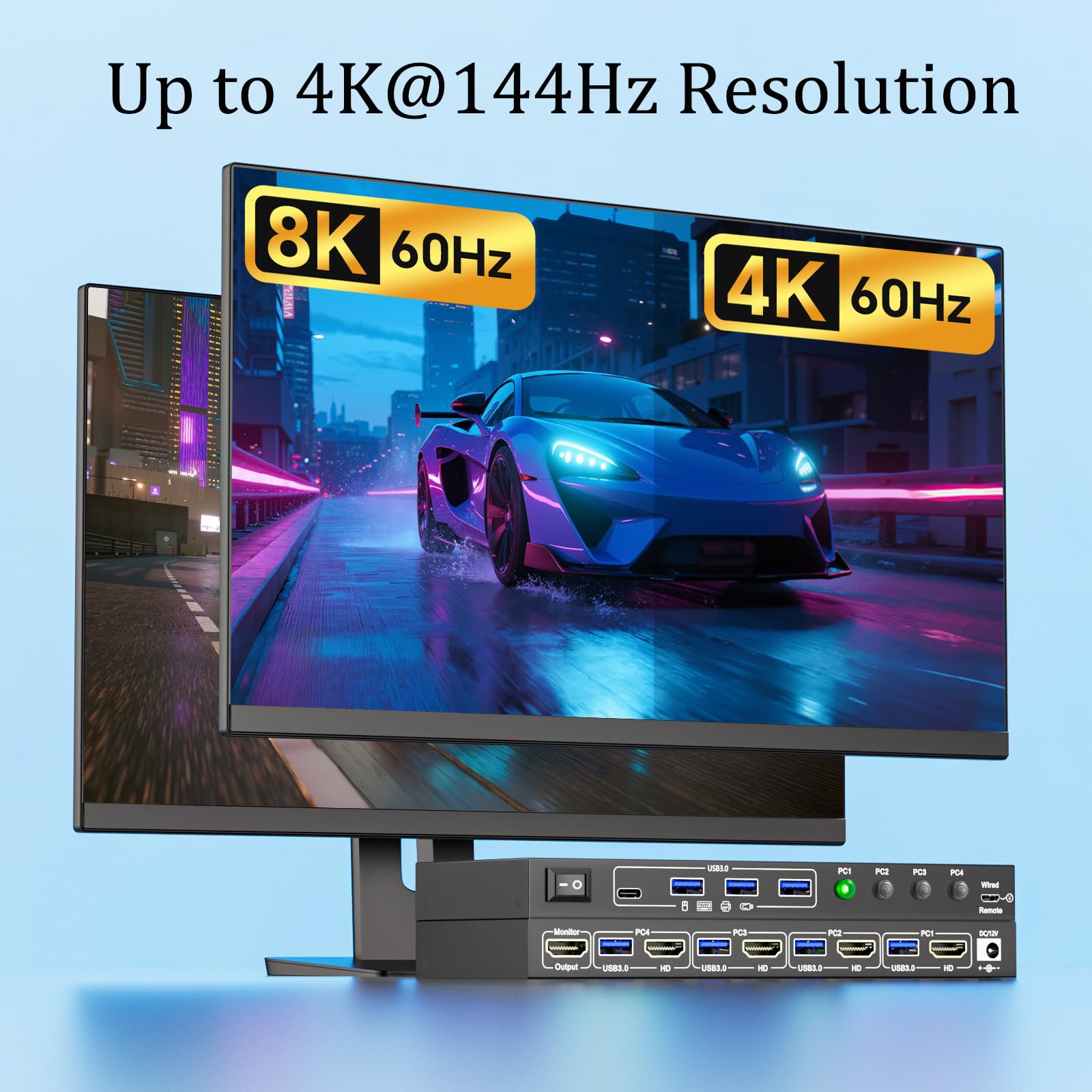 Switch KVM HDMI 4 PC 1 Monitor 8K @60Hz, 4 porte HDMI 2.1 KVM Switch per 4 computer condividono 1 monitor e 4 dispositivi USB 3.0 (tastiera, mouse, stampante), con cavo remoto e 4 cavi USB 3.0