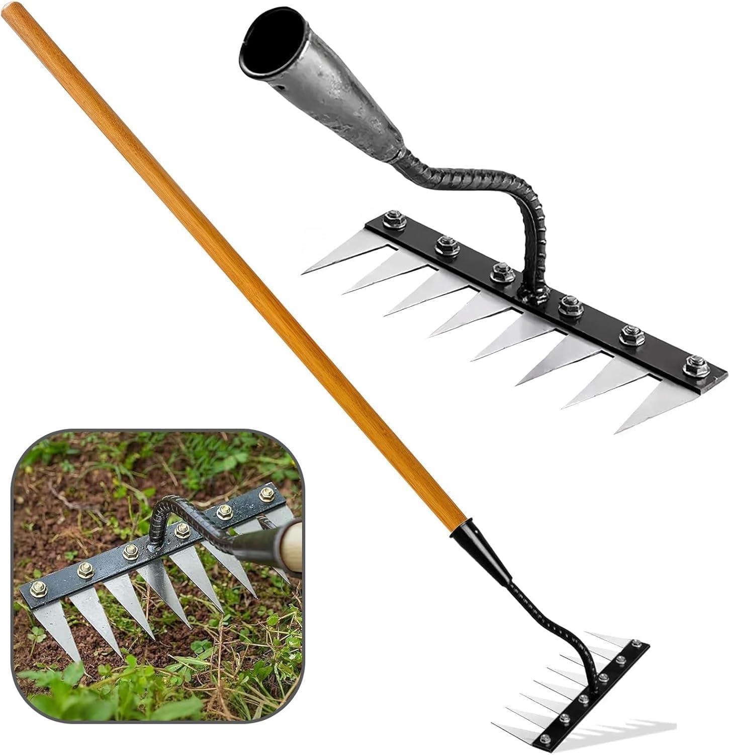 8 Teeth Carbon Steel Garden Weeding Rake, Heavy Duty Dethatching & Soil Loosening Rake with a 120cm Extended Wooden Handle, All-Purpose Metal Hoe for Yard, Lawn and Cultivation