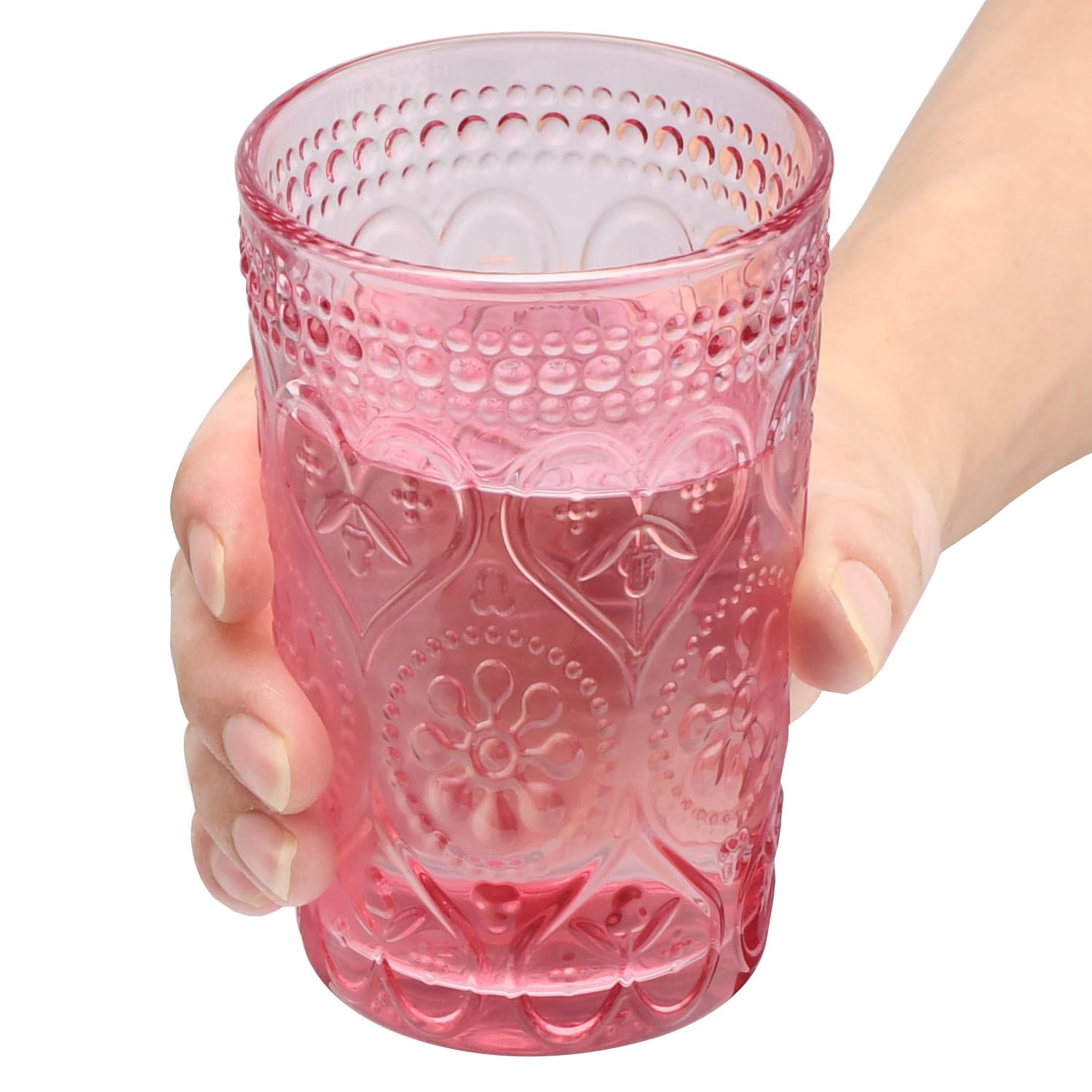 GLASS SMILE Vintage Trinkgläser Set von 4-12 oz rosa geprägte altmodische Wassergläser Tumbler für Whisky, Bier, Saft, Getränke, Cocktail