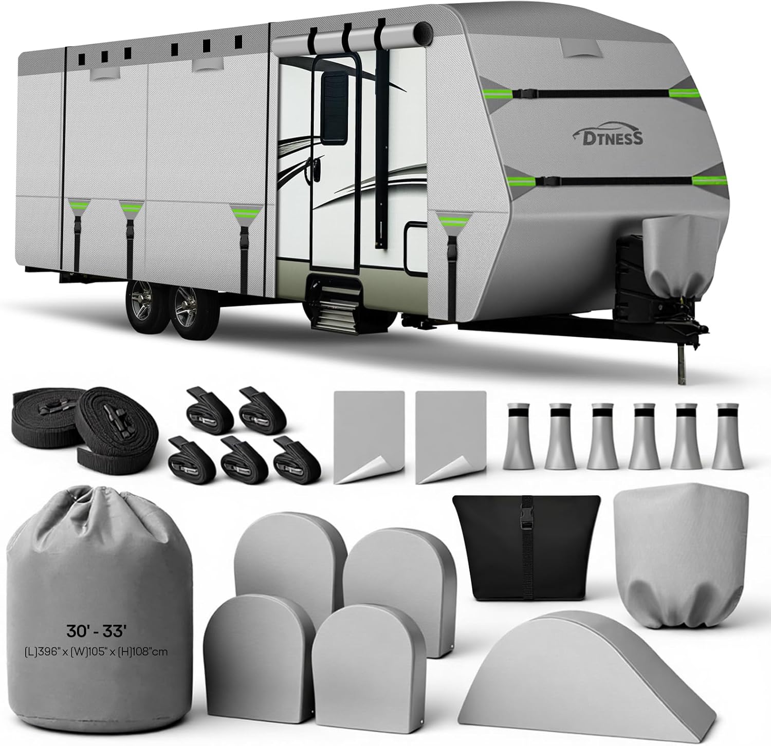 Travel Trailers RV Cover 30-33FT, 7-Layer Thick Heavy Duty Rip-Stop Camper Cover with Tongue Jack Cover, Tire Covers, Straps & Storage Bag, Tearproof, Waterproof, Snowproof, Windproof & Anti-UV