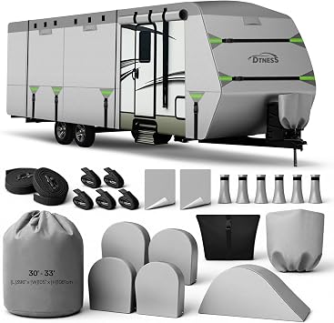 Travel Trailers RV Cover 30-33FT, 7-Layer Thick Heavy Duty Rip-Stop Camper Cover with Tongue Jack Cover, Tire Covers, Straps & Storage Bag, Tearproof, Waterproof, Snowproof, Windproof & Anti-UV