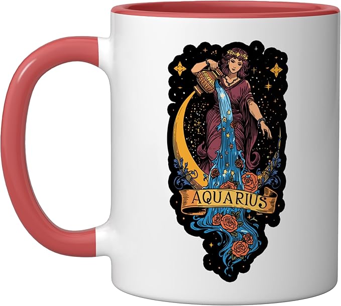 Aquarius Zodiac Sign Water Bearer Astrology Birthdate Ceramic Mug, Red/White