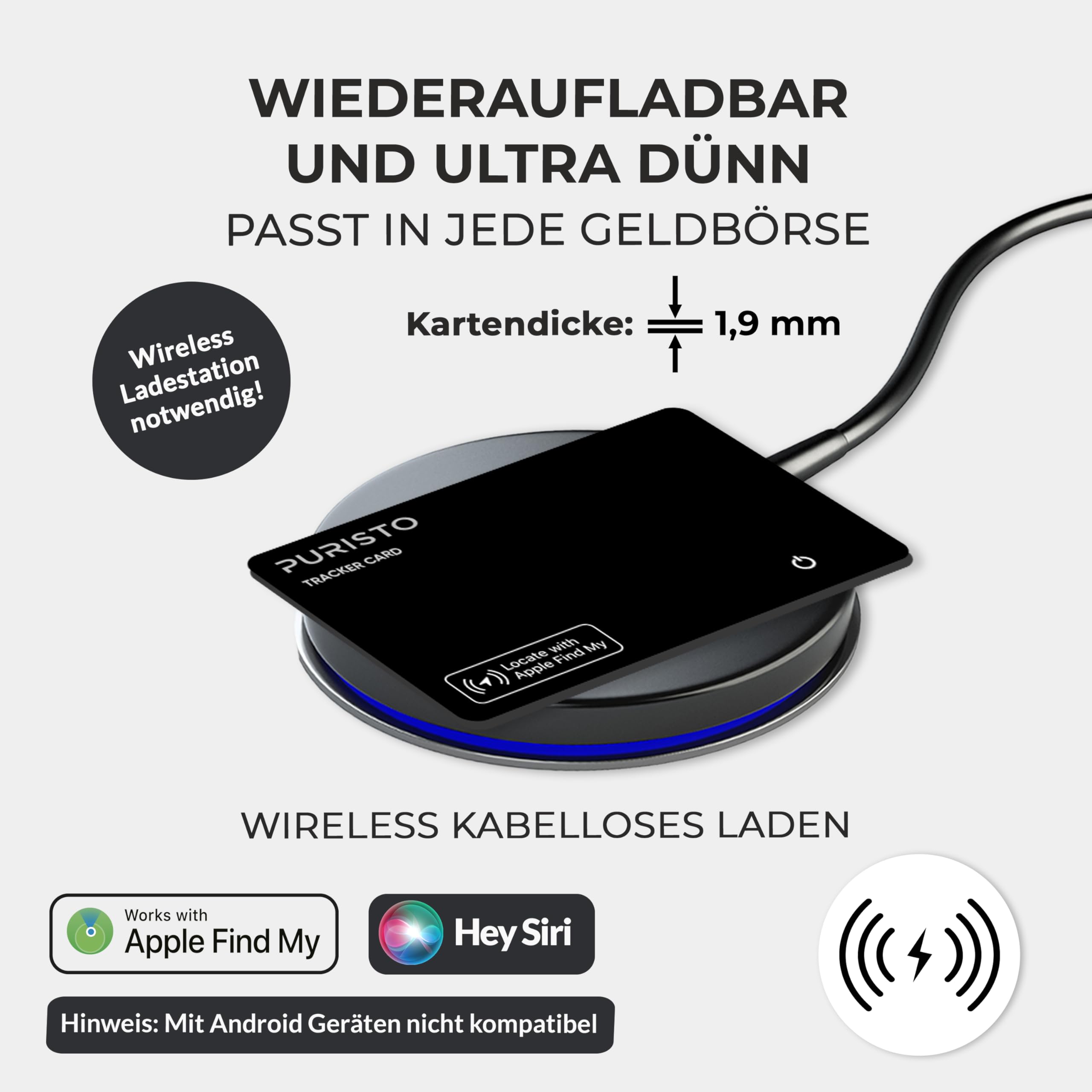 Wallet Tracker Karte Wireless - Apple AirTag Pendant im Kartenformat | 3-in-1 mit RFID Blocker und Lost & Found Service | Wiederaufladbar, dünn | Apple Wo ist? | AirTag Tracker Karte
