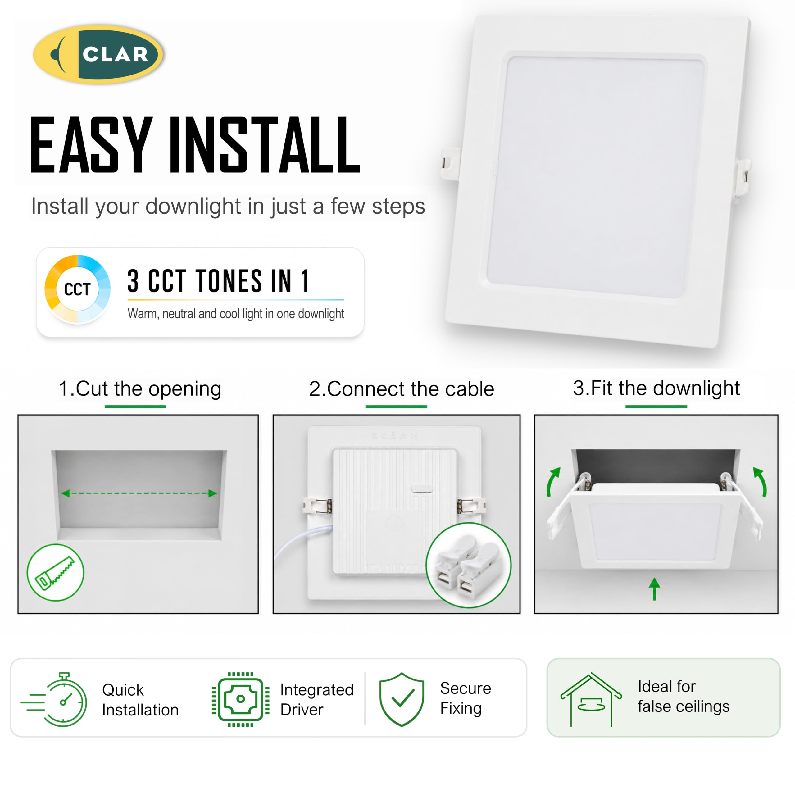 CLAR – Faretto quadrato da incasso 20 W, Downlight per bagno, lampadario moderno per ufficio o camera da letto, CCT (3000ºk-4000ºk-6500ºk) (Pack 10)