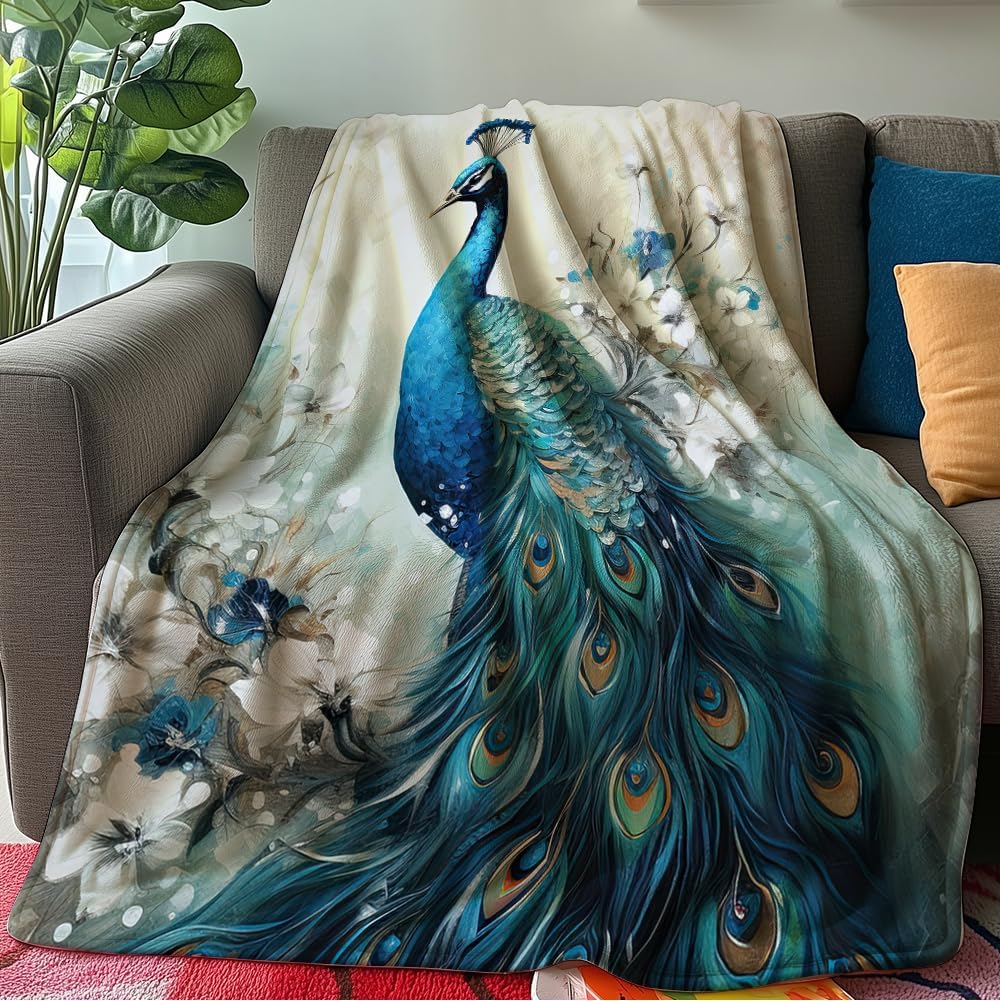 Peacock Throw Blanket Peacock Themed Decor Animal Print Blanket King Size Soft Warm Flannel for Sofa Bed (30 in x 40 in) - Image 4