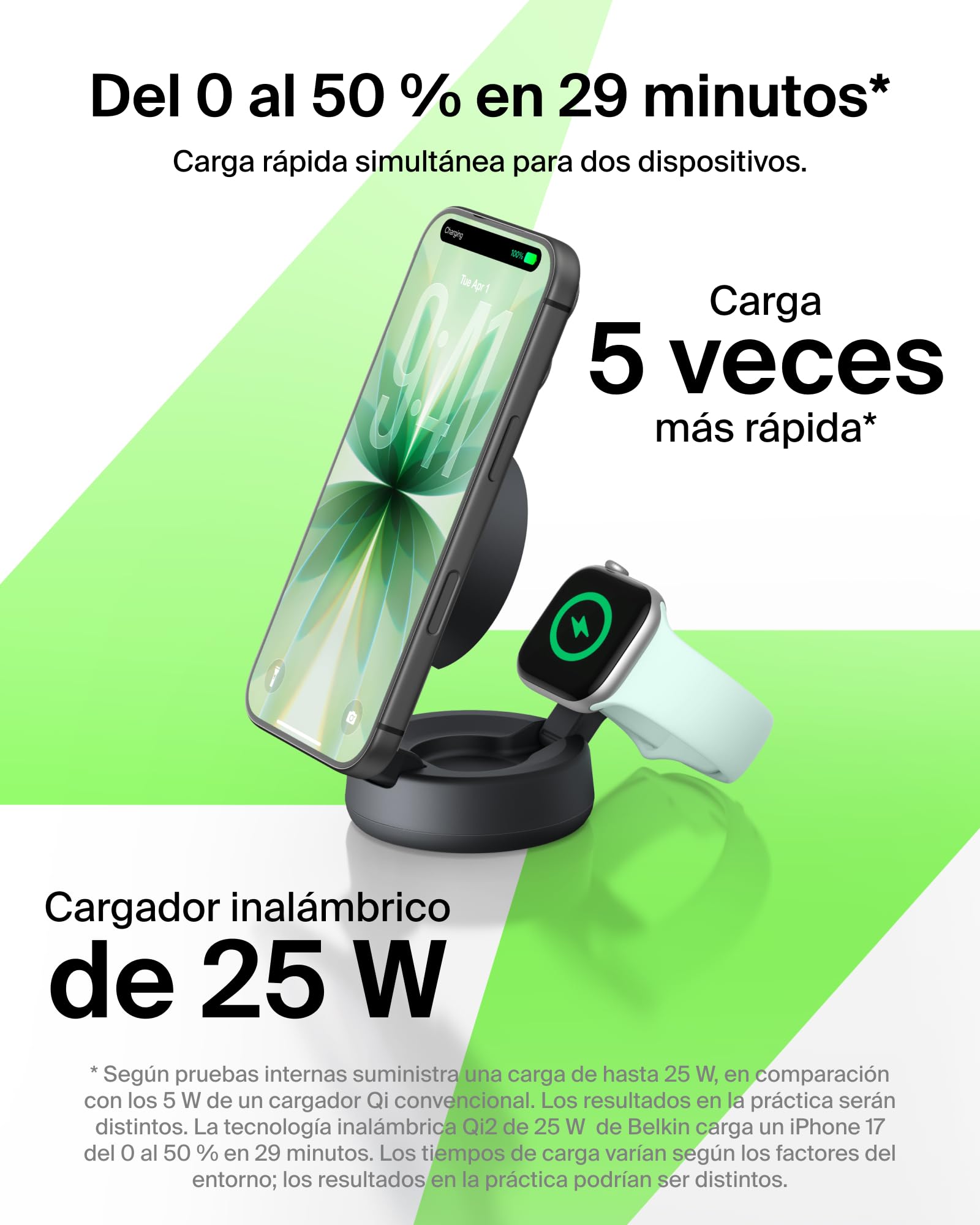 Belkin UltraCharge Pro Cargador Inalámbrico Magnético 2 en 1 Qi2 25W Carbón | Convertible, Estación Magnética Carga Inalámbrica MagSafe, Certificación Qi2.2, iPhone, Apple Watch y Cascos, Adaptador 45W