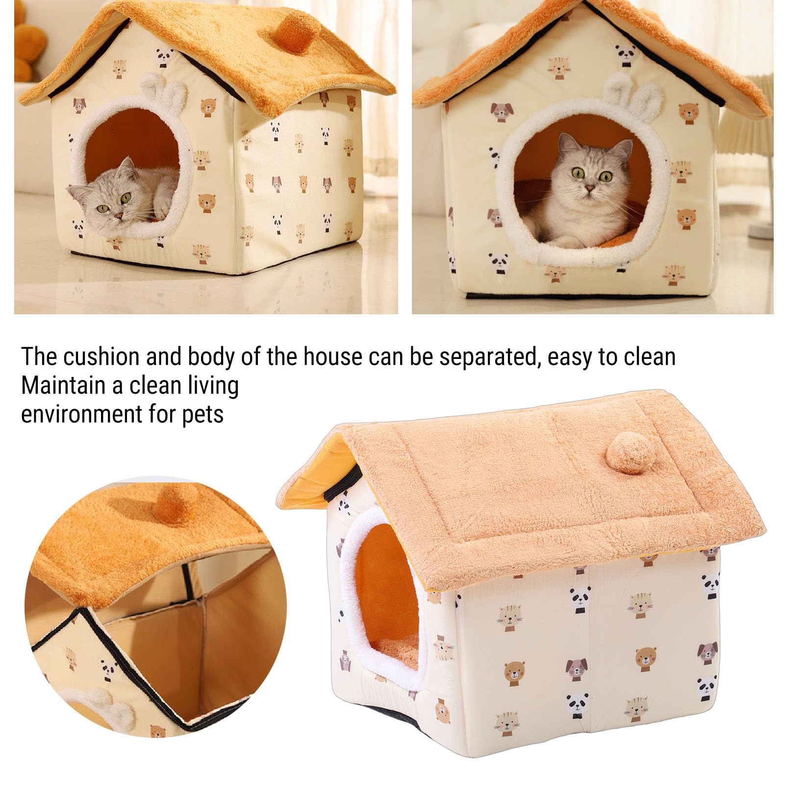 Cuccia per Gatti Invernale Calda, Staccabile e Lavabile, con Imbottitura in Peluche, Cuccia Chiusa per Animali Domestici da 2,5 a 7,5 Kg (Taglia M gialla)