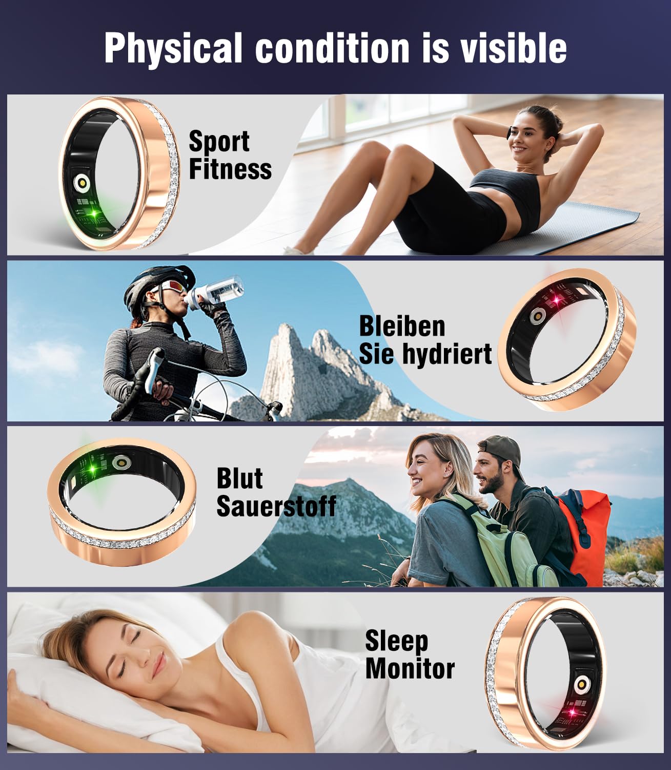 10. Gen Diamant Smart Ring und Kabelloses Ladeetui【Branchennummer 1 – 0 Messfehler】 2025 Fitness Tracker zur Schlafüberwachung, Tragbarer SpO2-Smartring für Android und iOS, Gold 8#