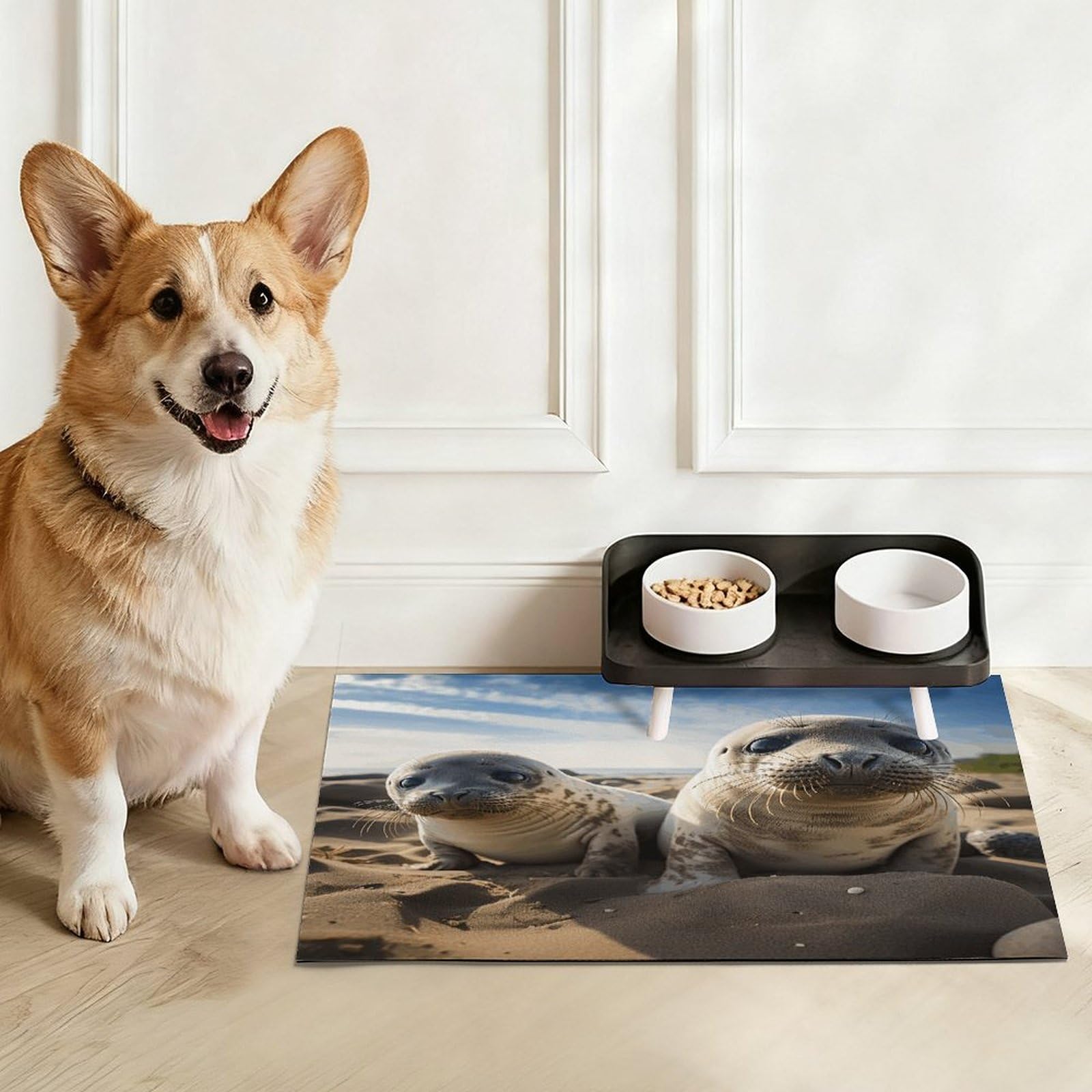 Seal on The Beach Tapis de nourriture pour chat – Tapis d'alimentation antidérapant pour chien, facile à nettoyer pour la nourriture et l'eau, tapis de gamelle pour chien et chat 43,2 x 76,2 cm